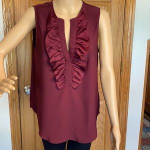 J.Crew burgundy sleeveless blouse with v-neck ruffles